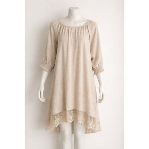 Umgee Boho Linen Tunic Dress Large Beige Hi Low Lace Hem Peasant Flowy Cottage